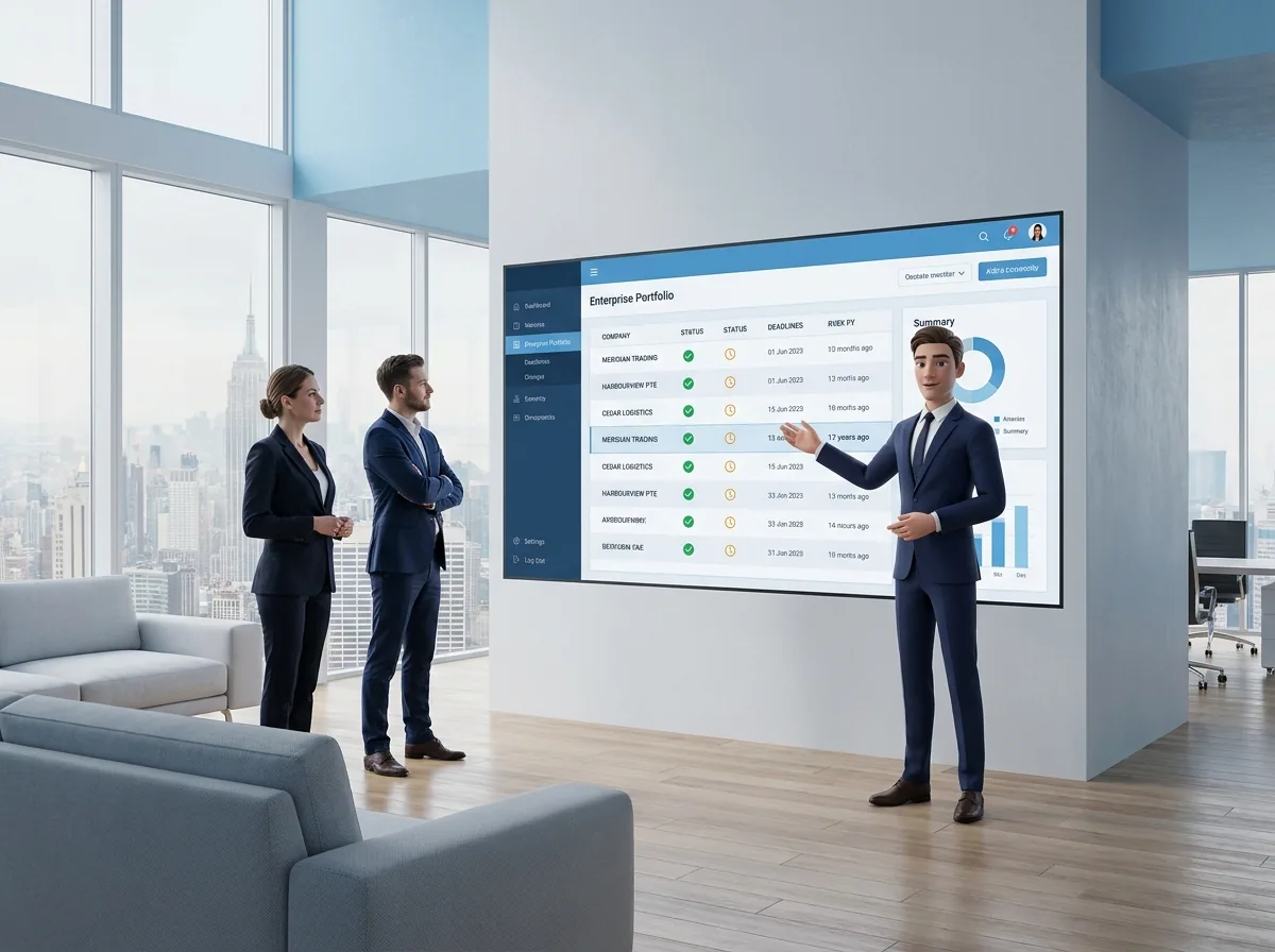 A manager oversees a portfolio case board while AI employees work