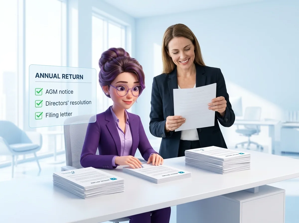 Lily prepares annual return documents while a person reviews