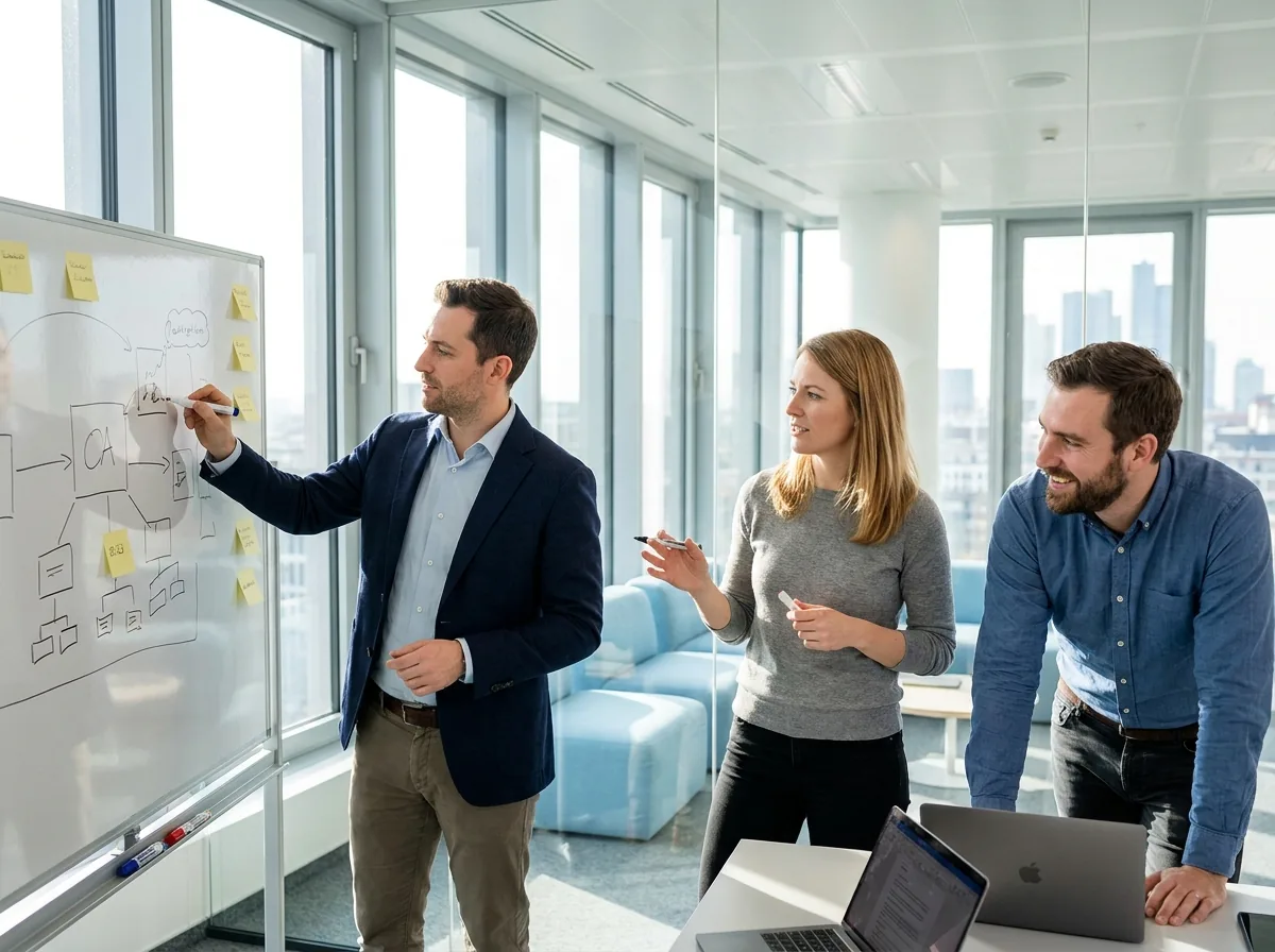 Team sketching product flows on a whiteboard